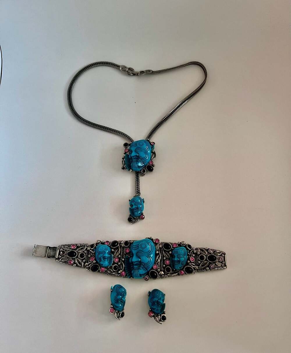 Selro Vintage Turquoise Noh Mask Face Necklace Bracelet Earring Set